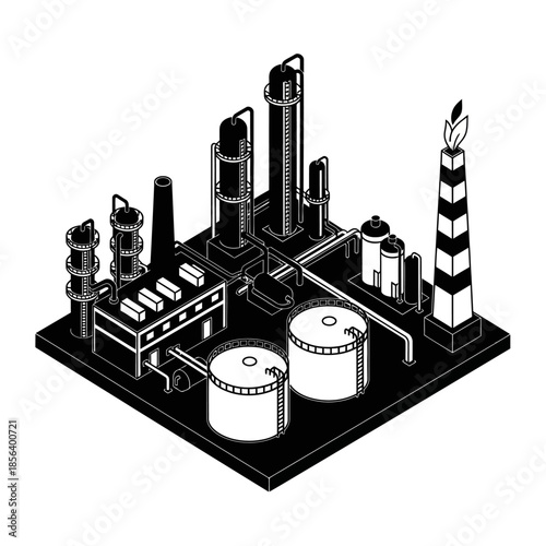 Industrial facility with tanks and smokestacks in isometric illustration.