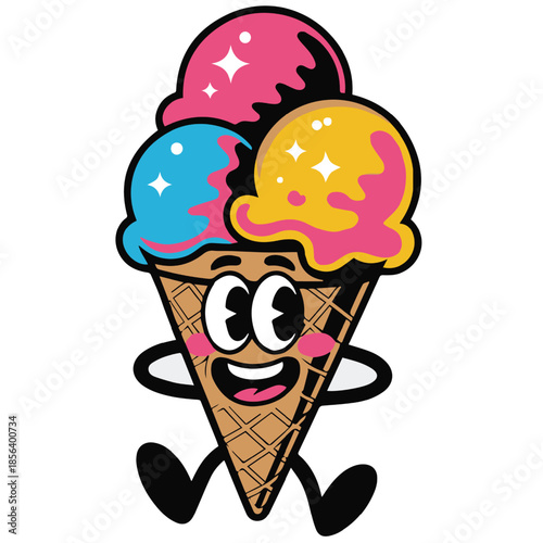 Delicious vanilla and chocolate ice cream cone vector illustration featuring a sweet frozen summer dessert icon designed in a colorful cartoon art style