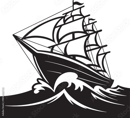 Black silhouette of a sailing ship and yacht vessel icon with waves on the ocean water, a nautical vector illustration for summer travel and marine design