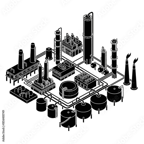 Industrial facility with various tanks and structures.