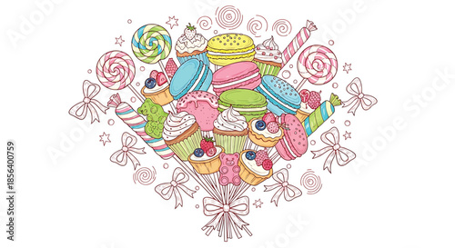 .Vibrant Hand-Drawn Dessert Bouquet with Macarons, Cupcakes, and Lollipops - Sweet Treat Celebration Illustration