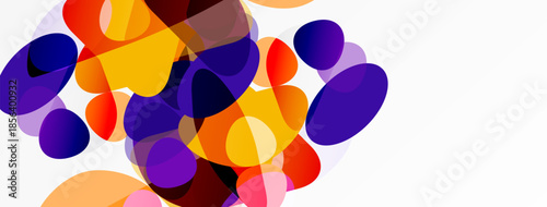 Abstract colorful shapes overlap, creating vibrant visual texture. Orange, purple, red hues dominate white background. Modern design element.