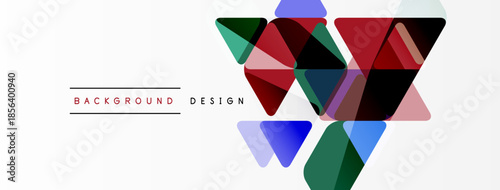 Abstract geometric shapes overlap, creating dynamic visual effect. White background emphasizes colorful triangles, rectangles. Modern design element.