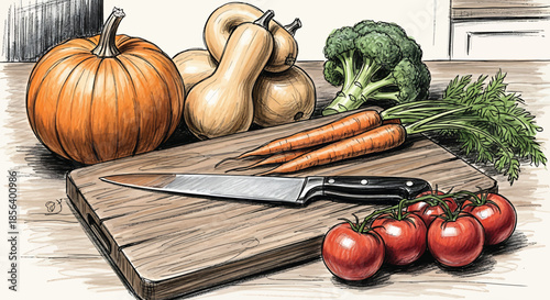 Rustic Harvest Vegetable Still Life with Chef's Knife and Wooden Cutting Board - Detailed Hand-Drawn Culinary Illustration