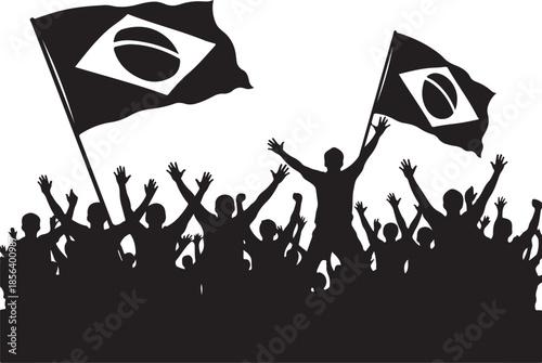 Silhouette of a Crowded Stadium with Fans Waving Brazilian Flags, Celebrating Victory in Black and White , Generative Ai