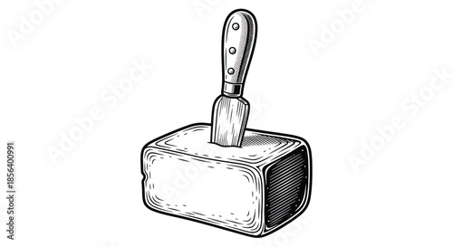 Rustic Artisan Cheese Block with Spreading Knife - Detailed Hand-Drawn Culinary Line Art