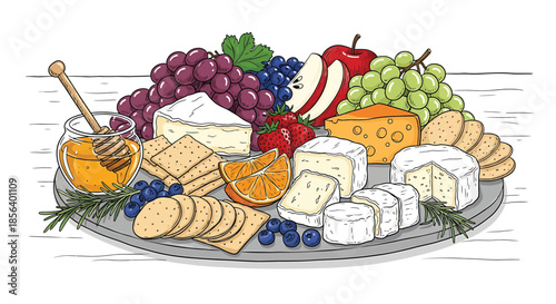 Elegant Charcuterie Board with Assorted Cheeses, Fruits, and Honey - Detailed Hand-Drawn Culinary Illustration