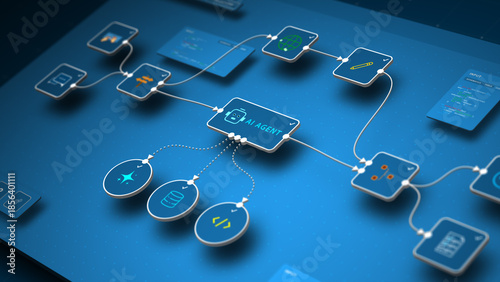 Closeup of AI automation workflow with intelligent agent connecting data, code, and tools for seamless process management