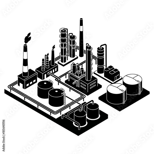 Isometric black and white illustration of an industrial refinery or chemical plant with tanks and chimneys.