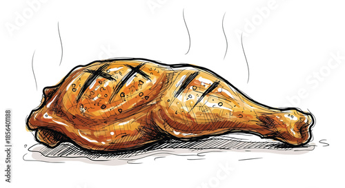 Succulent Roasted Chicken Leg with Charred Grill Marks and Steam - Detailed Hand-Drawn Culinary Illustration