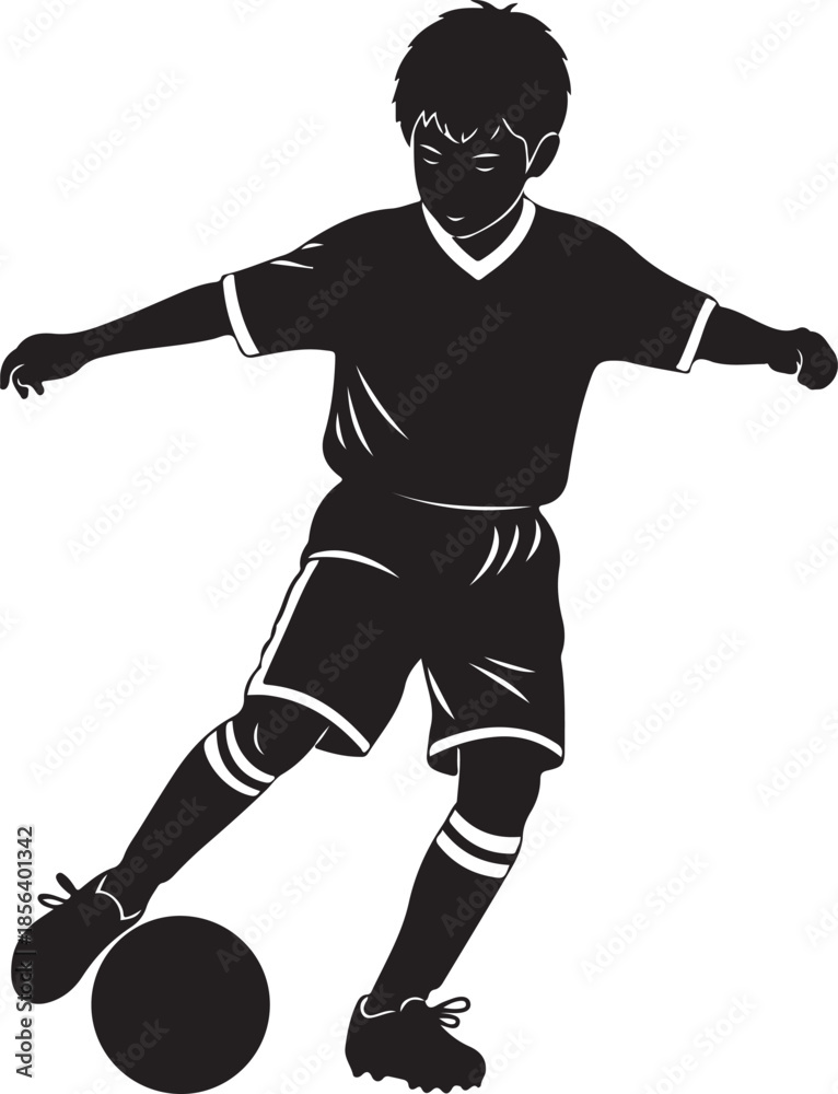 Naklejka premium Silhouette Illustration of a Young Boy Playing Soccer and Dribbling a Ball, Youth Sports and Fitness Concept , Generative Ai