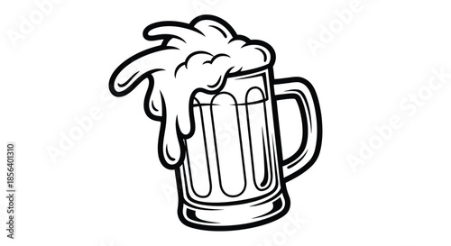 Classic Frothy Beer Mug with Overflowing Foam - Bold Minimalist Line Art Illustration