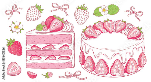 Pink Strawberry Cake and Dessert Set - Hand-Drawn Illustration Featuring Layered Cake Slice, Whole Strawberry Cake, and Fresh Berries