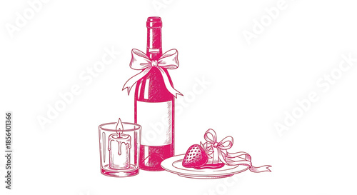 Pink Romantic Date Night Set - Hand-Drawn Illustration Featuring a Ribbon-Tied Wine Bottle, Lit Candle, and Strawberry Treat
