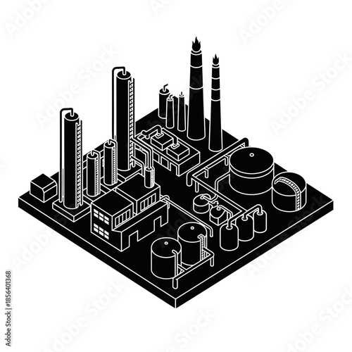 Isometric black and white illustration of an industrial factory complex with chimneys, tanks, and processing units.