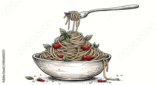 Gourmet Spaghetti Pasta with Fresh Basil and Tomatoes - Detailed Hand-Drawn Italian Cuisine Illustration