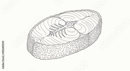 Fresh Raw Salmon or Fish Steak - Detailed Hand-Drawn Line Art Illustration for Culinary Design