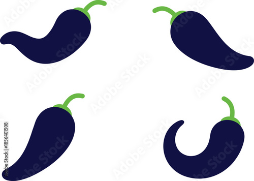 Stylized chili pepper silhouettes set, dark blue spicy vegetable icons collection, minimal flat food vector illustration on white