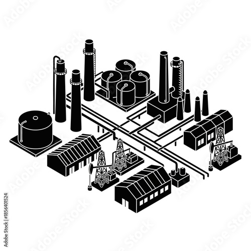 Isometric black and white illustration of an industrial oil refinery or chemical plant complex with storage tanks, processing units, and oil derricks.