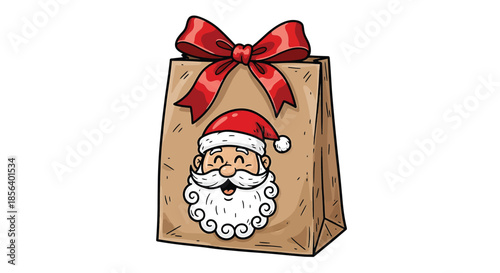 Santa Claus Gift Bag Illustration
Title: Festive Brown Paper Gift Bag with Santa Claus Face and Red Ribbon Bow - Hand-Drawn Christmas Holiday Illustration
