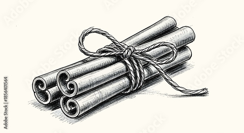 Vintage Cinnamon Sticks Bundle Tied with Twine - Detailed Hand-Drawn Spice Illustration for Culinary and Holiday Design