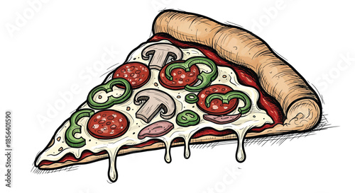 Fresh Vegetable Pizza Slice with Mushrooms, Green Peppers, and Pepperoni - Detailed Hand-Drawn Fast Food Illustration