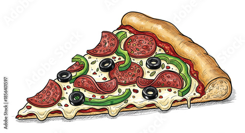 Supreme Pizza Slice with Pepperoni, Green Peppers, and Black Olives - Detailed Hand-Drawn Fast Food Illustration