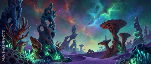Wallpaper Mural Panoramic alien landscape featuring bioluminescent rock formations, purple sand dunes, and a rover exploring beneath a vibrant, colorful nebula sky. Torontodigital.ca