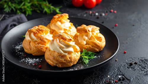 Delicious cream puffs, profiteroles, choux pastry on a black plate for dessert concept