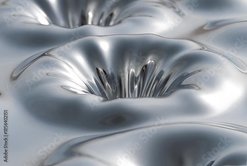 Smooth liquid metal surface flowing slowly, silver chrome texture, soft reflections, abstract cinematic style, seamless loop, 4K