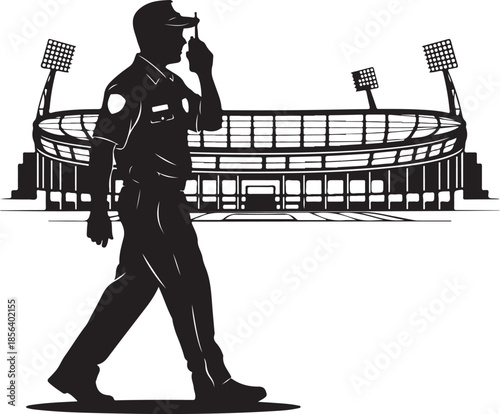 Security officer silhouette patrolling in front of a sports stadium and talking on a walkie-talkie, event safety concept , Generative Ai