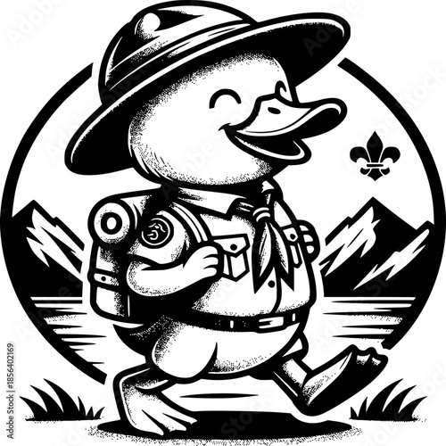 Adventurous Duckling: This cheerful duckling, ready for an adventure, dons a scout's uniform and gear as it cheerfully strides onward. The duckling wears a hat and carries a backpack.