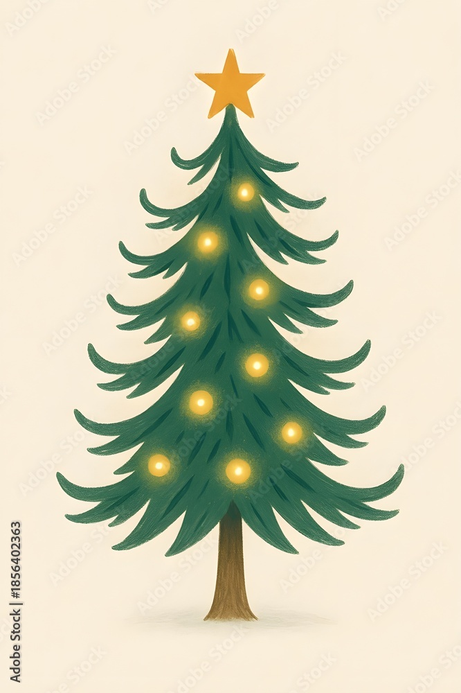 Obraz premium Simple Christmas Tree Illustration with Star and Golden Lights