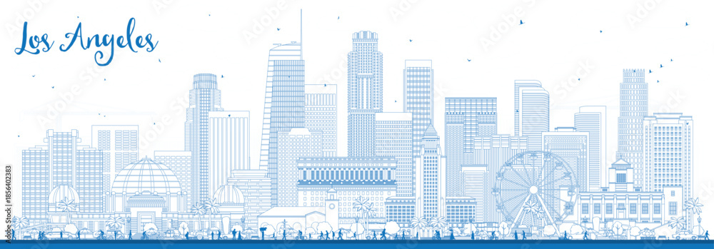 Fototapeta premium Outline Los Angeles USA city skyline with blue buildings. Illustration. Los Angeles cityscape with landmarks. Business travel and tourism concept with modern and historic architecture.