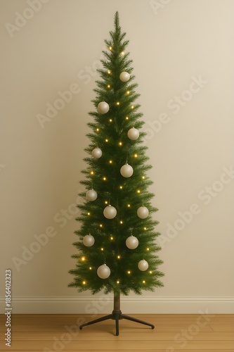 Minimalist Slim Artificial Christmas Tree with White Ornaments and Warm Lights on Plain Background