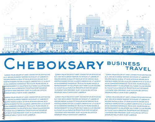 Outline Cheboksary Russia city skyline with blue buildings and copy space. Cheboksary cityscape with landmarks. Business travel and tourism concept with modern and historic architecture.