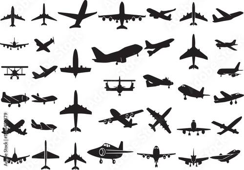 Large collection of diverse airplane and aircraft silhouettes vector set isolated on white background