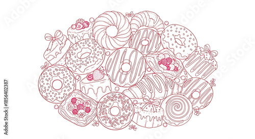 Assorted Donut and Sweet Pastry Illustration - Pink Line Art Bundle Featuring Glazed Donuts, Croissants, and Fruit Tarts