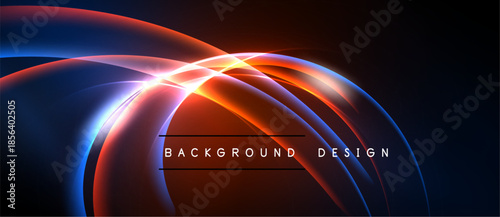 Abstract neon lines create dynamic curves. Blue, red hues blend, forming modern background design. Text reads background design.