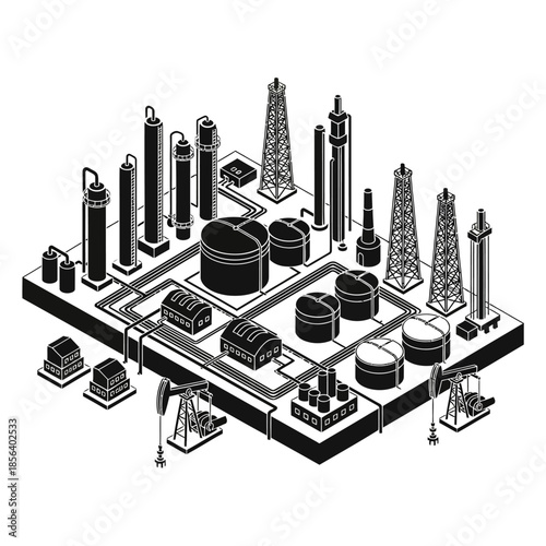 Isometric illustration of an oil refinery with various industrial structures and equipment.