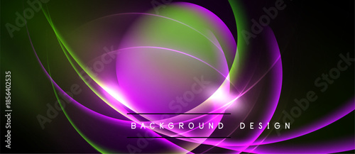 Abstract design features vibrant curves, purple, green hues. Dark background emphasizes glowing light effects, modern aesthetic.