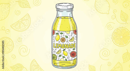 Fresh Lemonade Glass Bottle Illustration - Hand Drawn Summer Drink Graphic with Citrus Patterns for Beverage Branding