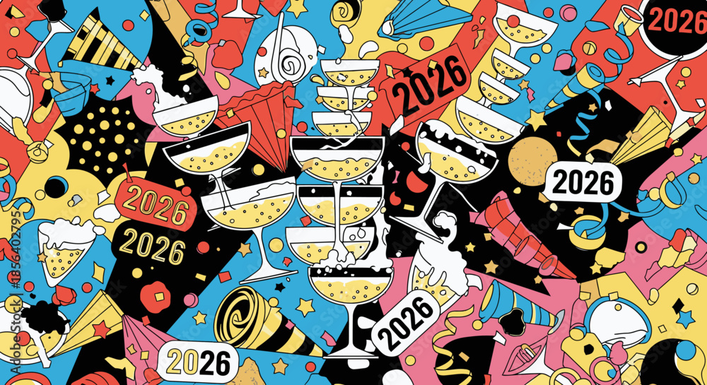Fototapeta premium A vibrant, energetic collage illustration vividly captures the festive excitement of New Year's Eve 2026, showcasing champagne glasses, confetti, and party decor.