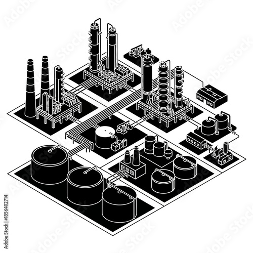Isometric black and white illustration of a large industrial chemical plant or oil refinery complex with multiple towers and storage tanks.