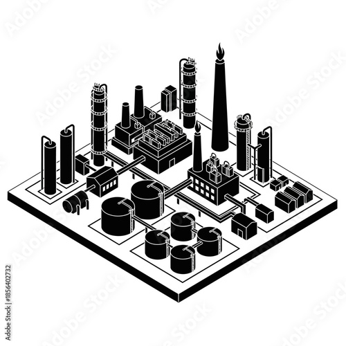 Isometric black and white illustration of a large industrial oil refinery or chemical plant with tanks, pipes, and buildings.