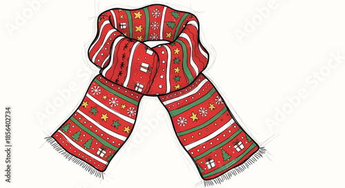 Festive Christmas Scarf with Red and Green Patterns - Knitted Winter Apparel Illustration with Snowflakes and Stars