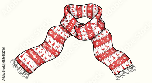 Red and White Christmas Scarf with Reindeer Pattern - Festive Winter Apparel Illustration Isolated on White Background