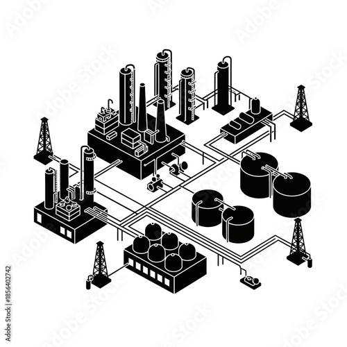 Isometric black and white illustration of an industrial oil refinery or chemical plant complex with tanks, towers, and pipelines.