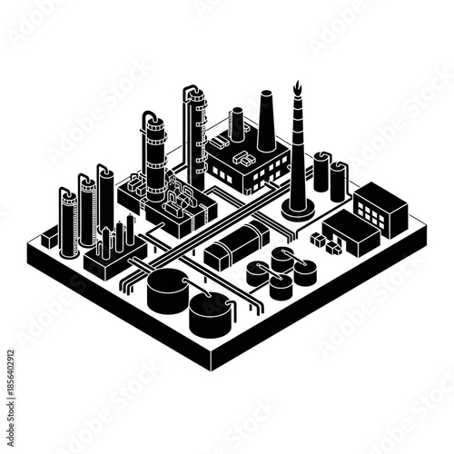 Isometric black and white illustration of an industrial oil refinery or chemical plant with various structures and pipelines.