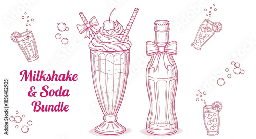 Milkshake and Soda Bundle Illustration - Pink Line Art Set with Whipped Cream Shake, Soda Bottle and Fizzy Drinks